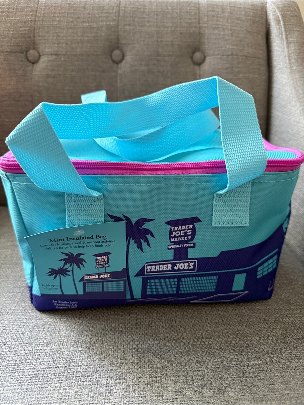 Mini Insulated Lunch Bag - Turquoise with Pink Zipper